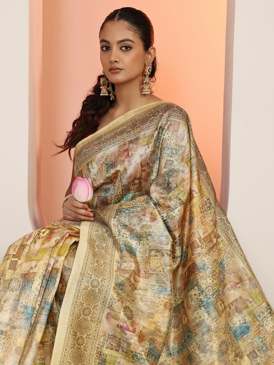  Beige Printed Silk Blend Saree With Unstitched Blouse Piece 
