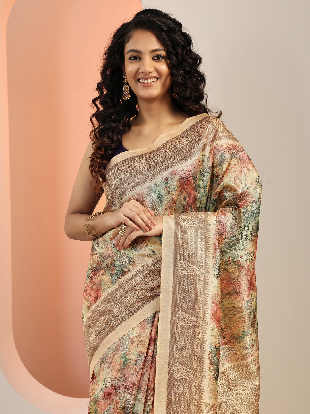  Multi Printed Silk Blend Saree With Unstitched Blouse Piece 