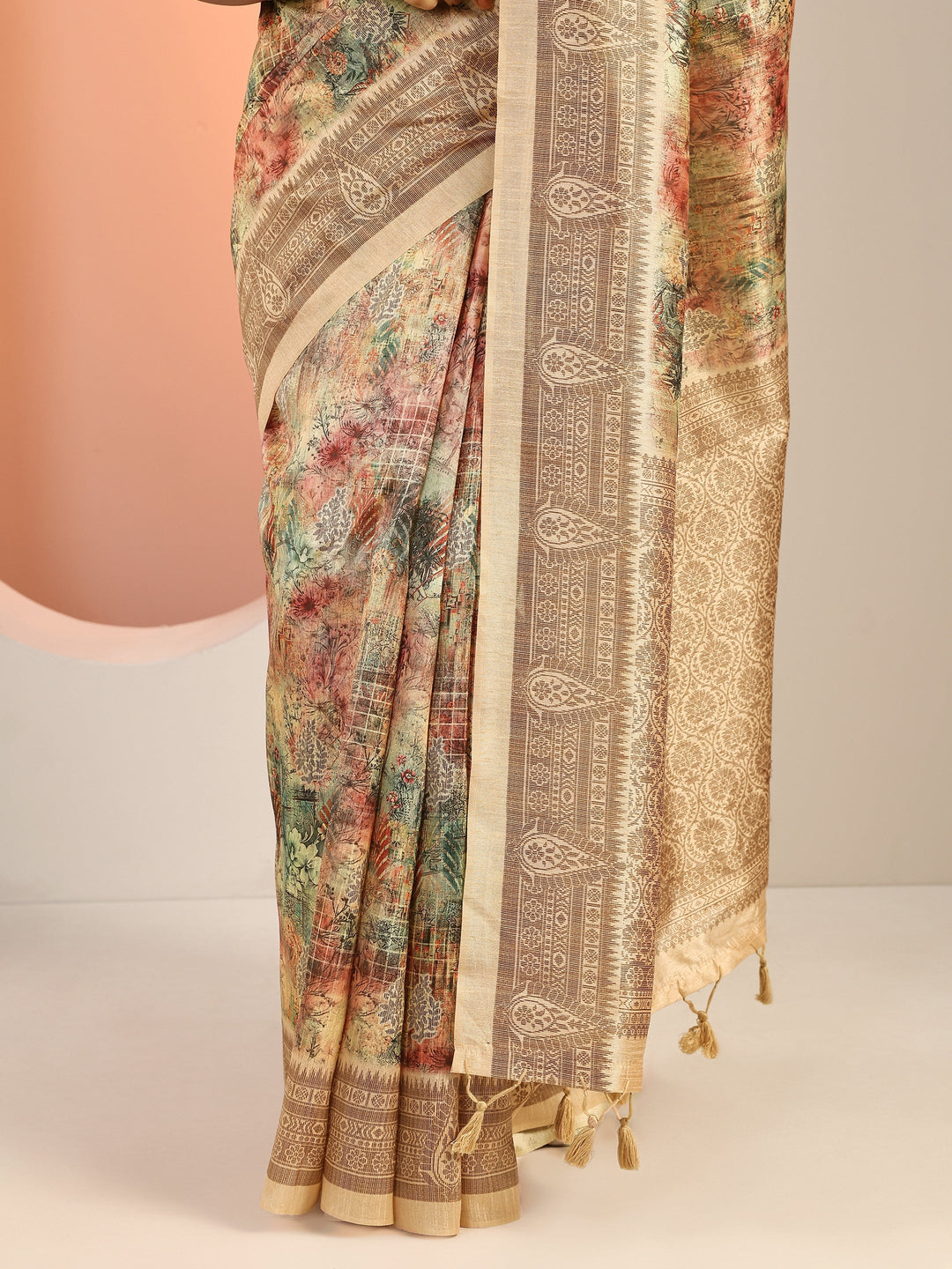  Multi Printed Silk Blend Saree With Unstitched Blouse Piece 