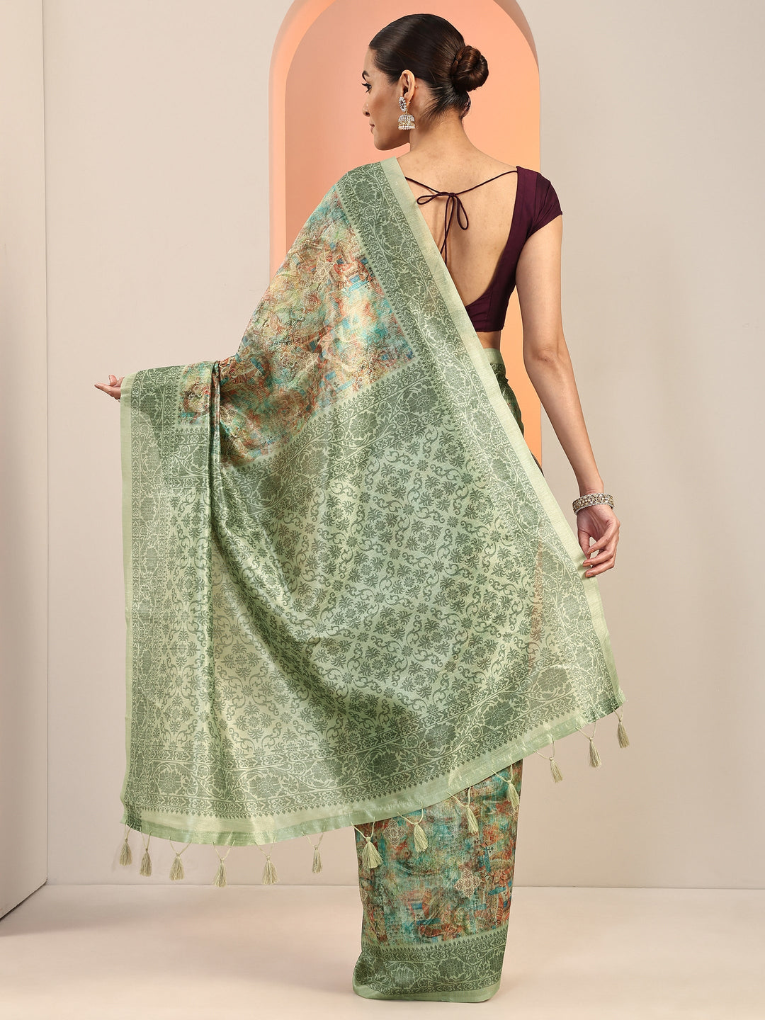  Multi Printed Silk Blend Saree With Unstitched Blouse Piece 