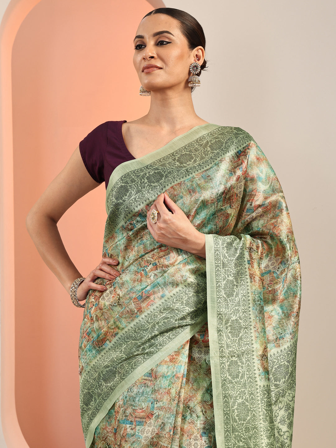  Multi Printed Silk Blend Saree With Unstitched Blouse Piece 