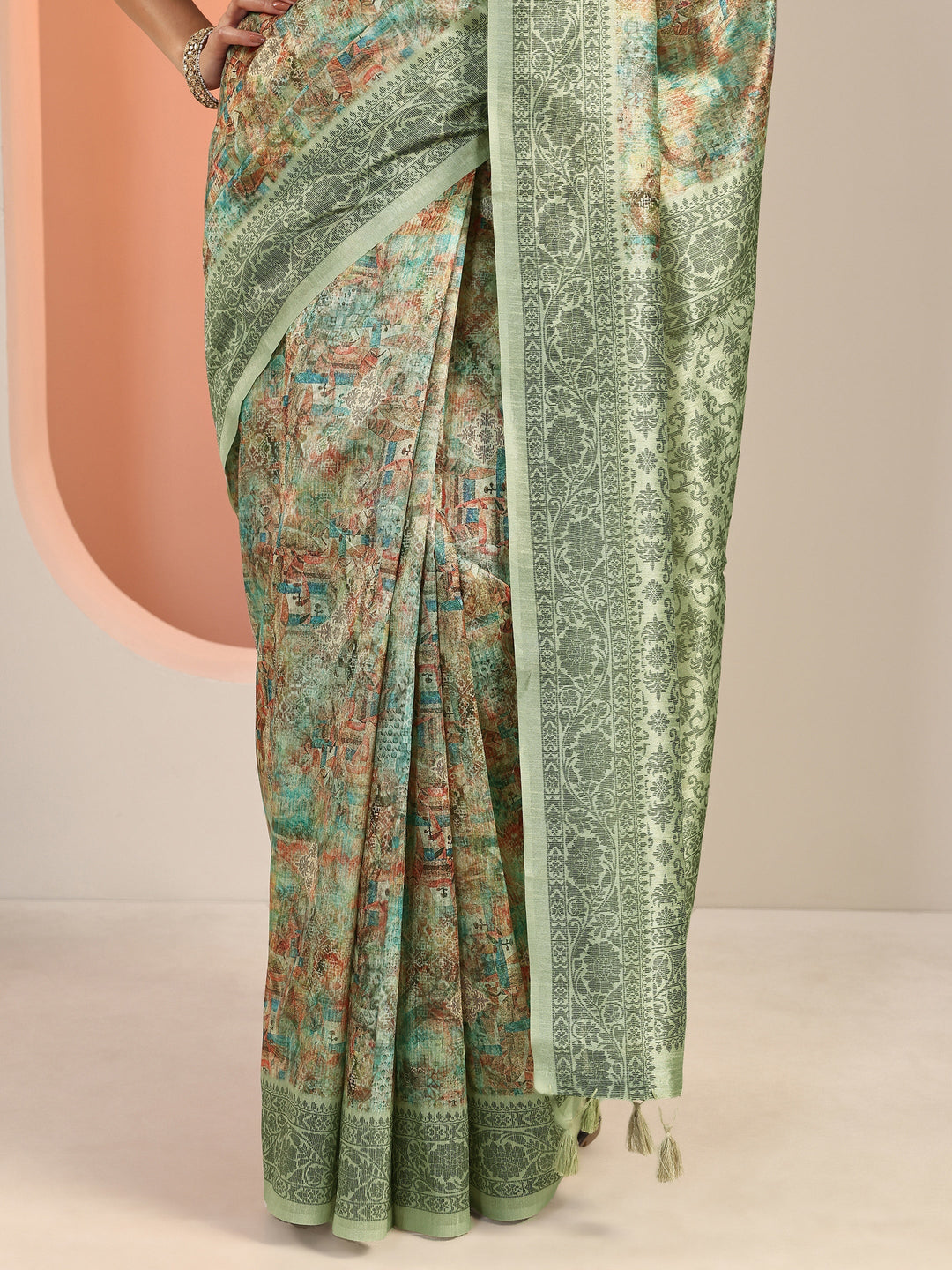  Multi Printed Silk Blend Saree With Unstitched Blouse Piece 