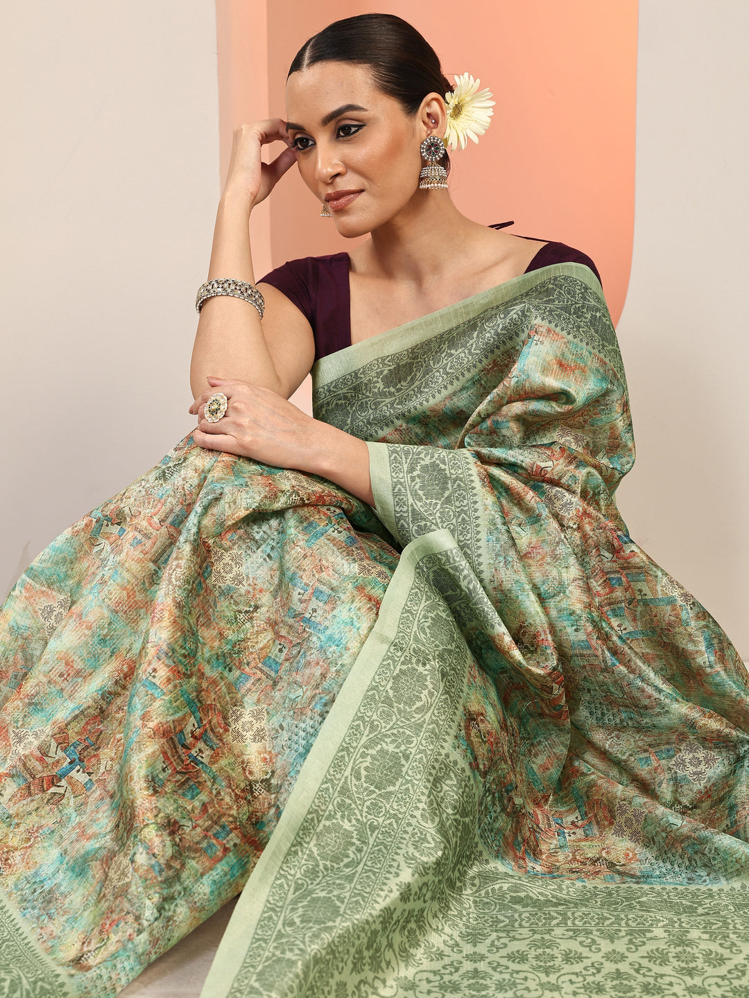  Multi Printed Silk Blend Saree With Unstitched Blouse Piece 