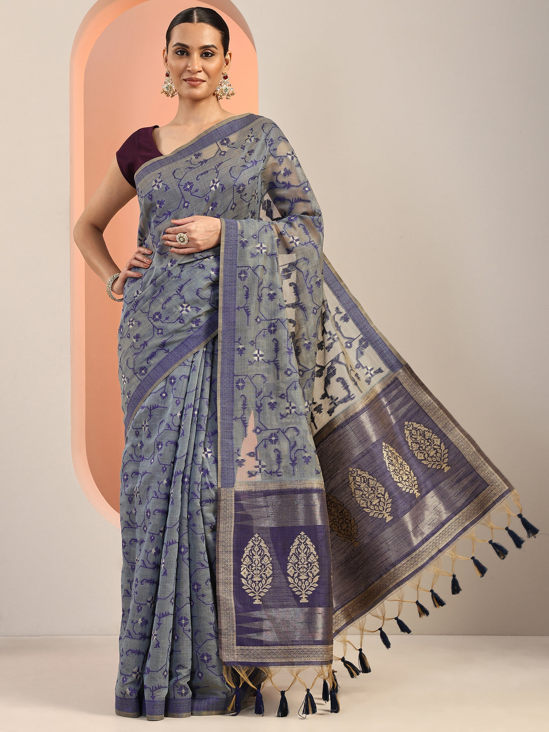  Navy Blue Woven Cotton Blend Saree With Unstitched Blouse Piece 