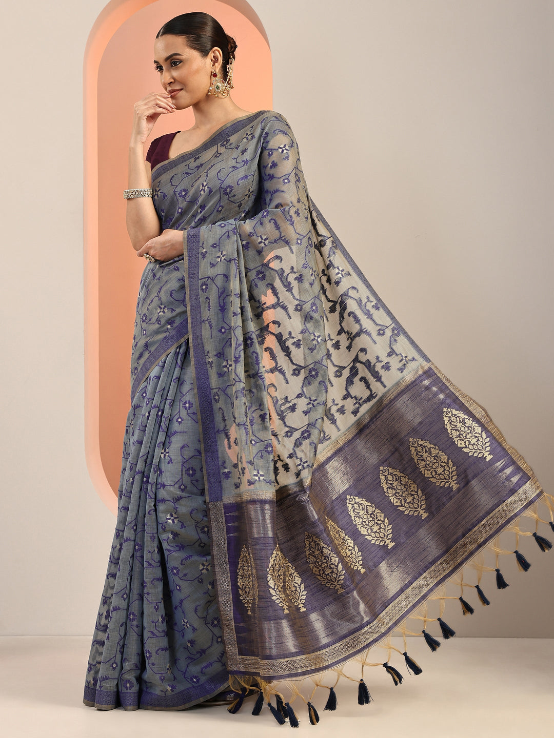  Navy Blue Woven Cotton Blend Saree With Unstitched Blouse Piece 