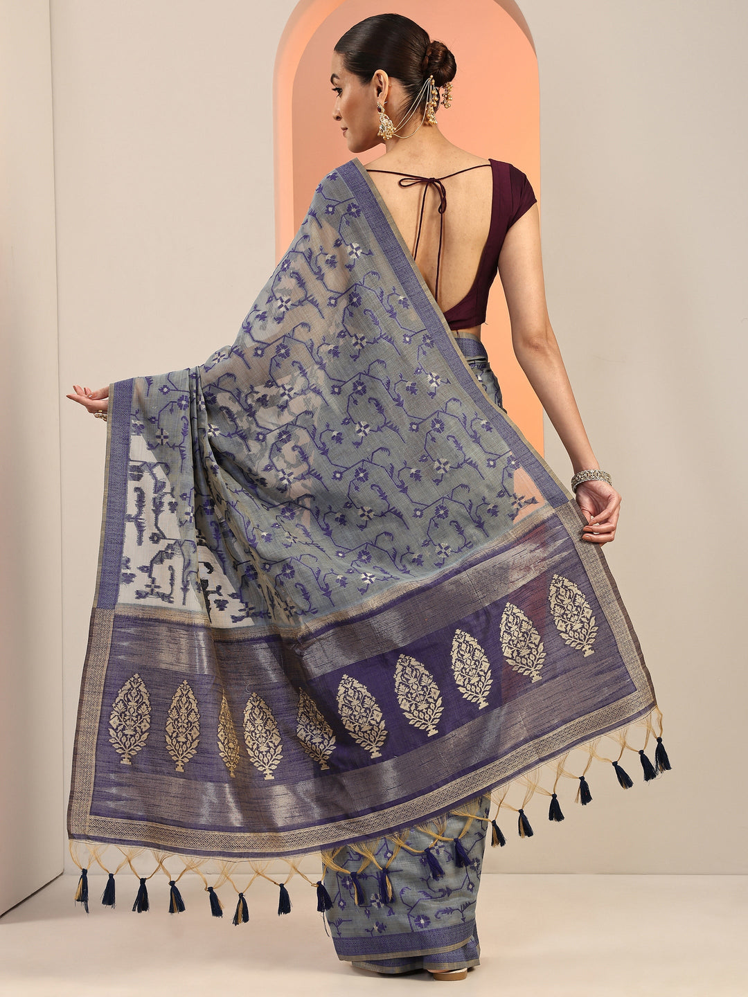  Navy Blue Woven Cotton Blend Saree With Unstitched Blouse Piece 