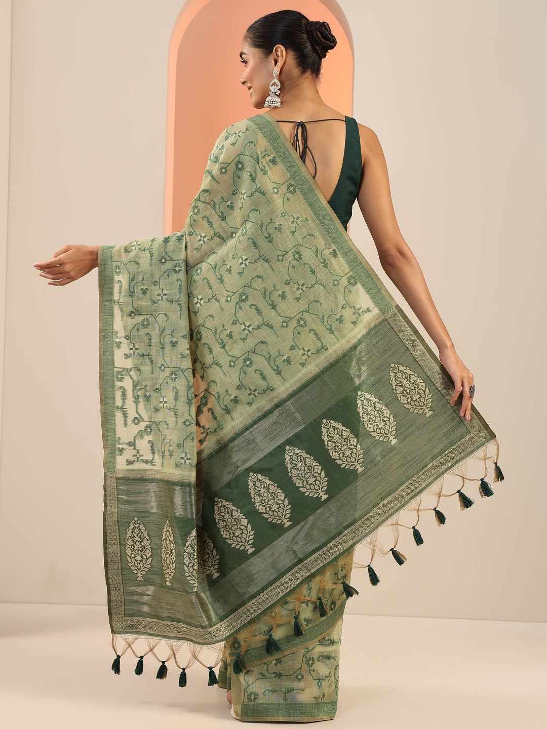  Green Woven Design Cotton Saree With Unstitched Blouse Piece 
