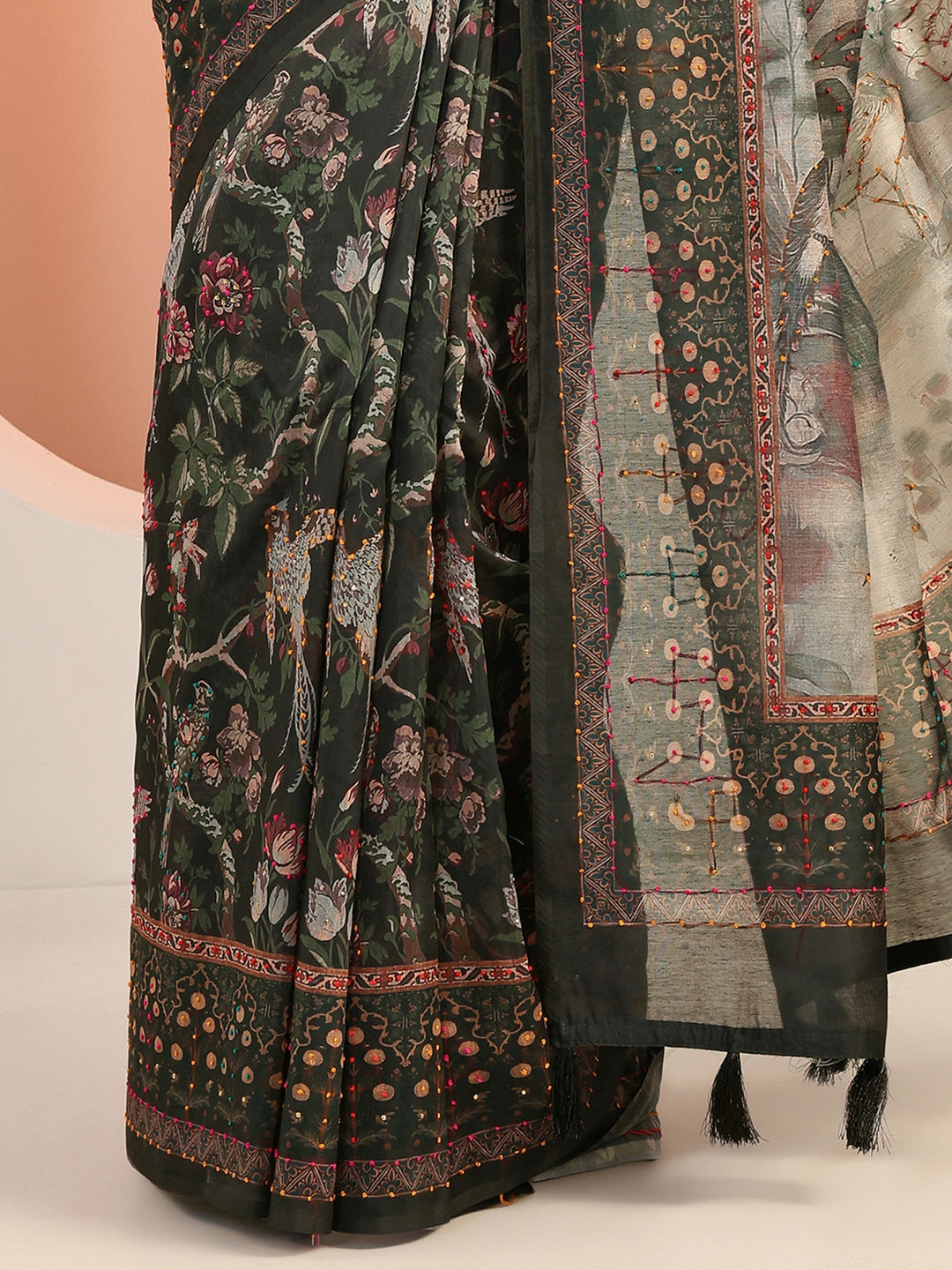  Green Printed Silk Blend Saree With Unstitched Blouse Piece 