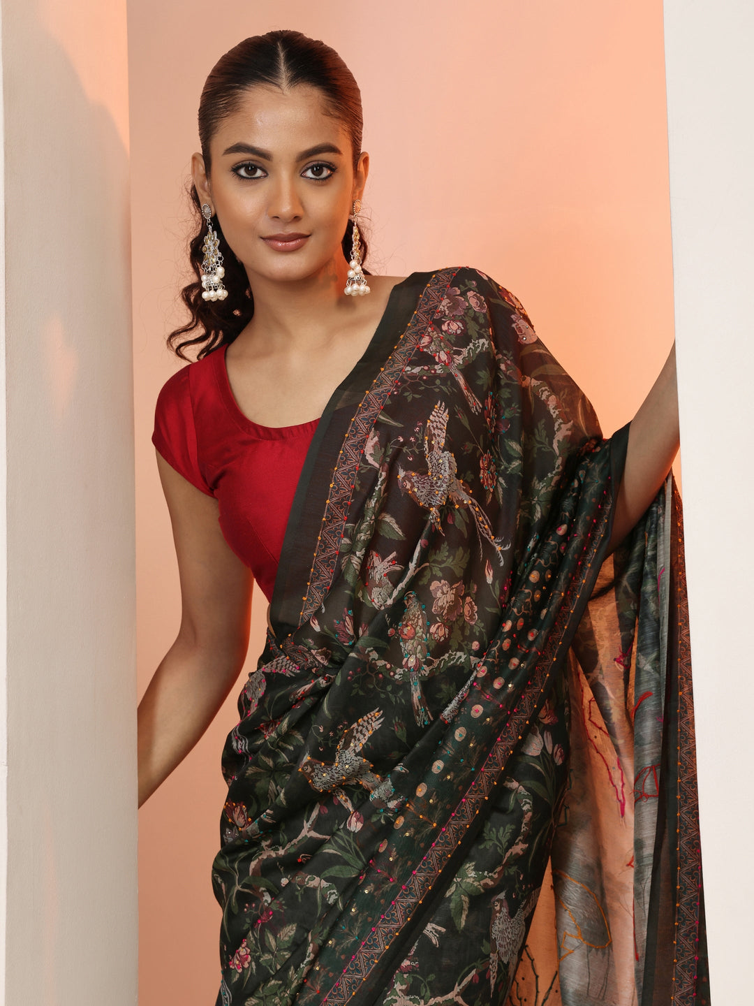  Green Printed Silk Blend Saree With Unstitched Blouse Piece 