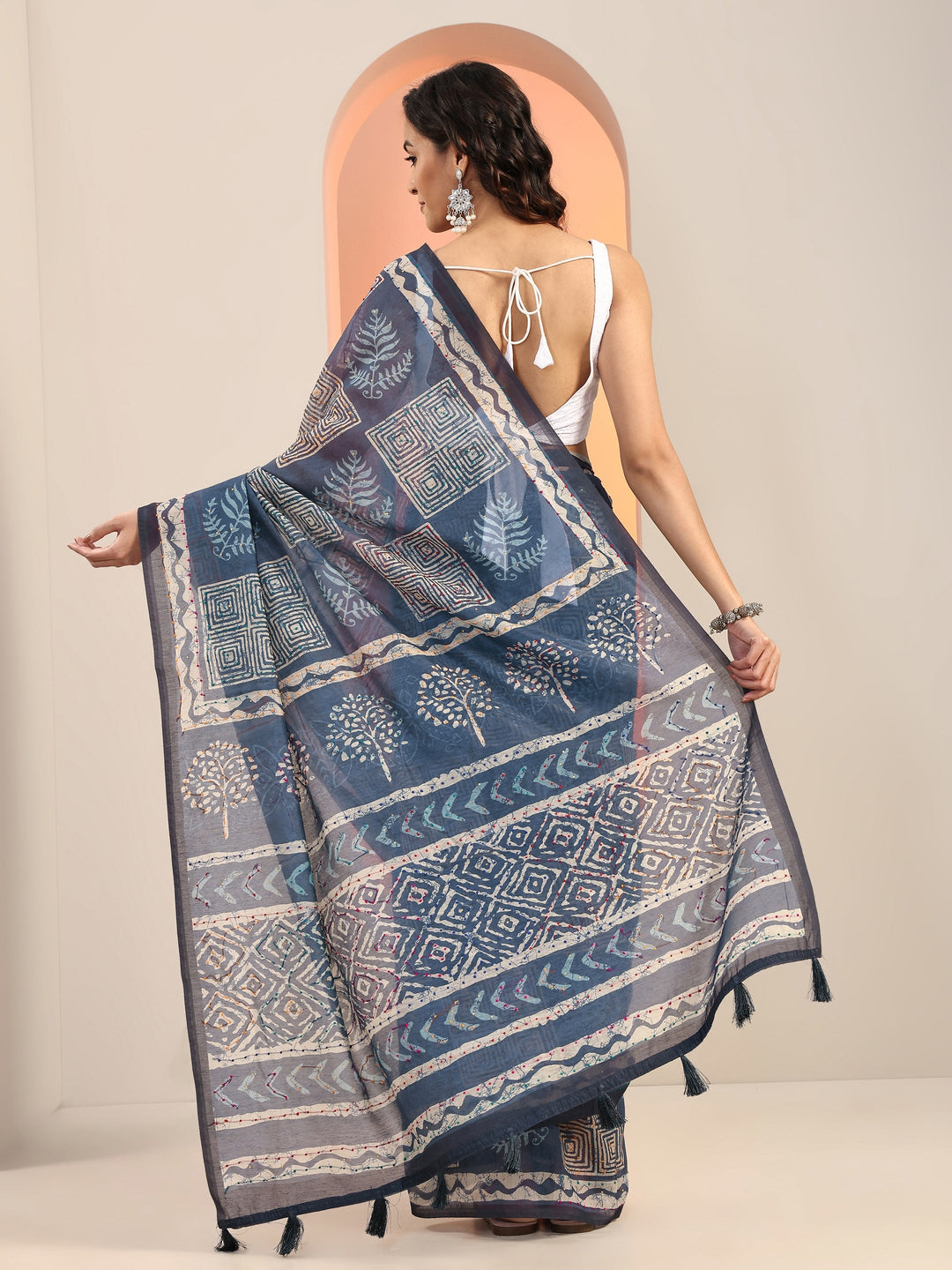  Blue Printed Silk Blend Saree With Unstitched Blouse Piece 