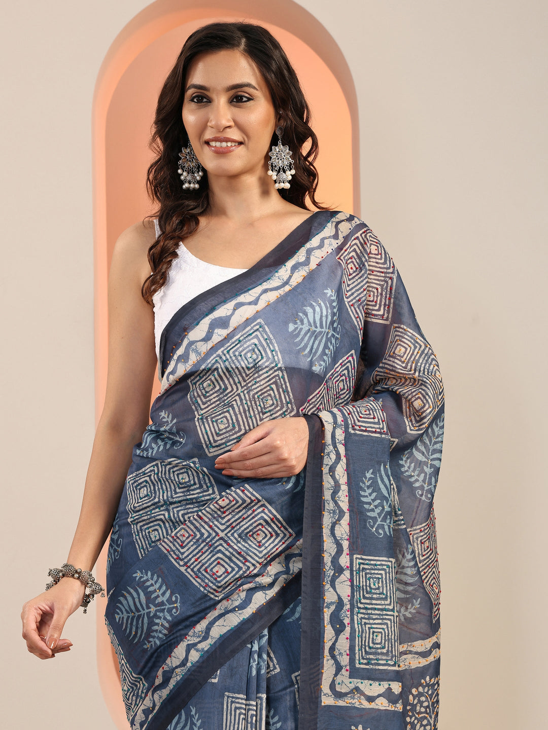  Blue Printed Silk Blend Saree With Unstitched Blouse Piece 