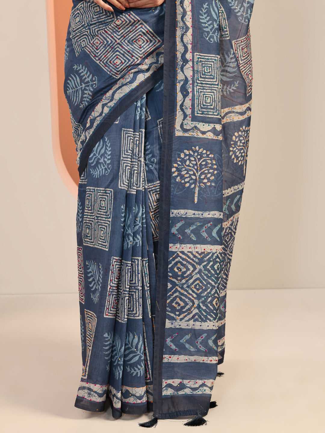  Blue Printed Silk Blend Saree With Unstitched Blouse Piece 
