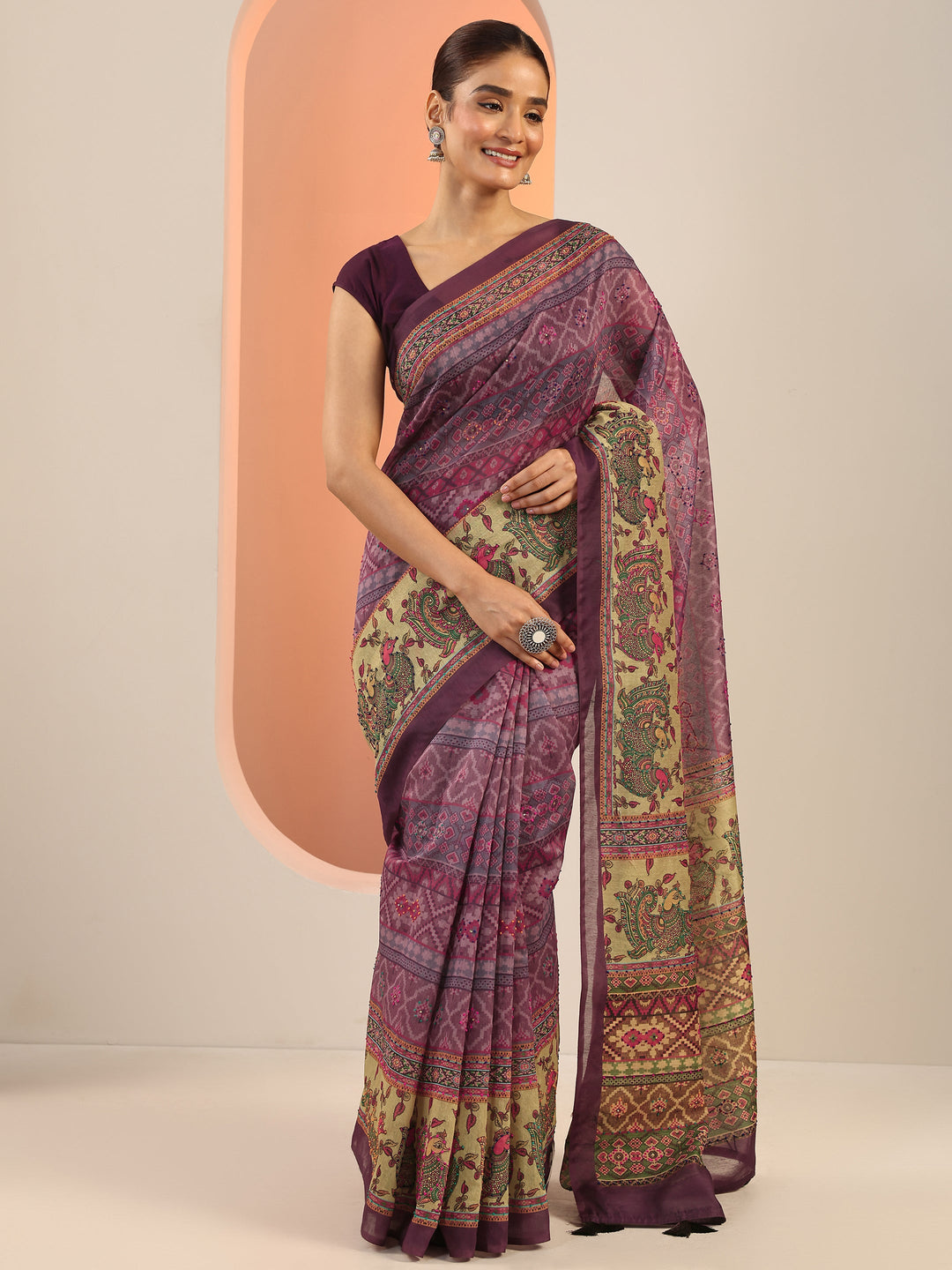  Lavender Printed Silk Saree With Unstitched Blouse Piece 