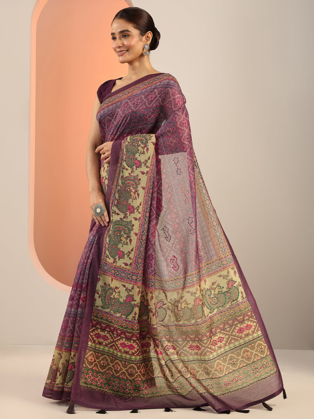  Lavender Printed Silk Saree With Unstitched Blouse Piece 
