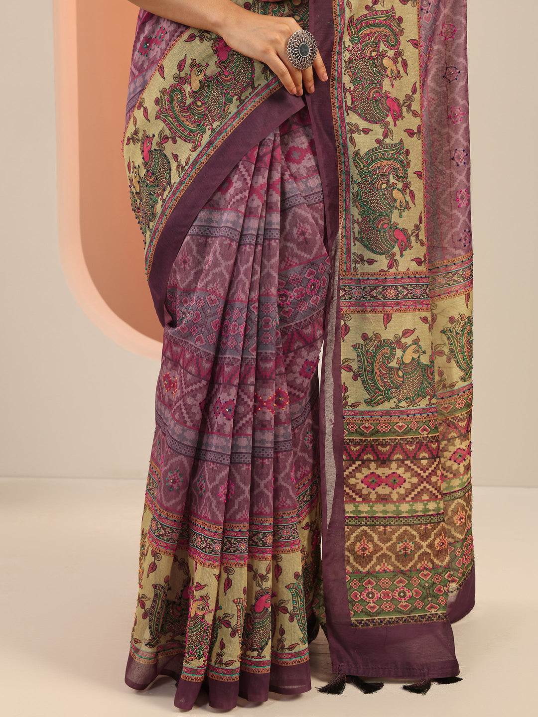  Lavender Printed Silk Saree With Unstitched Blouse Piece 