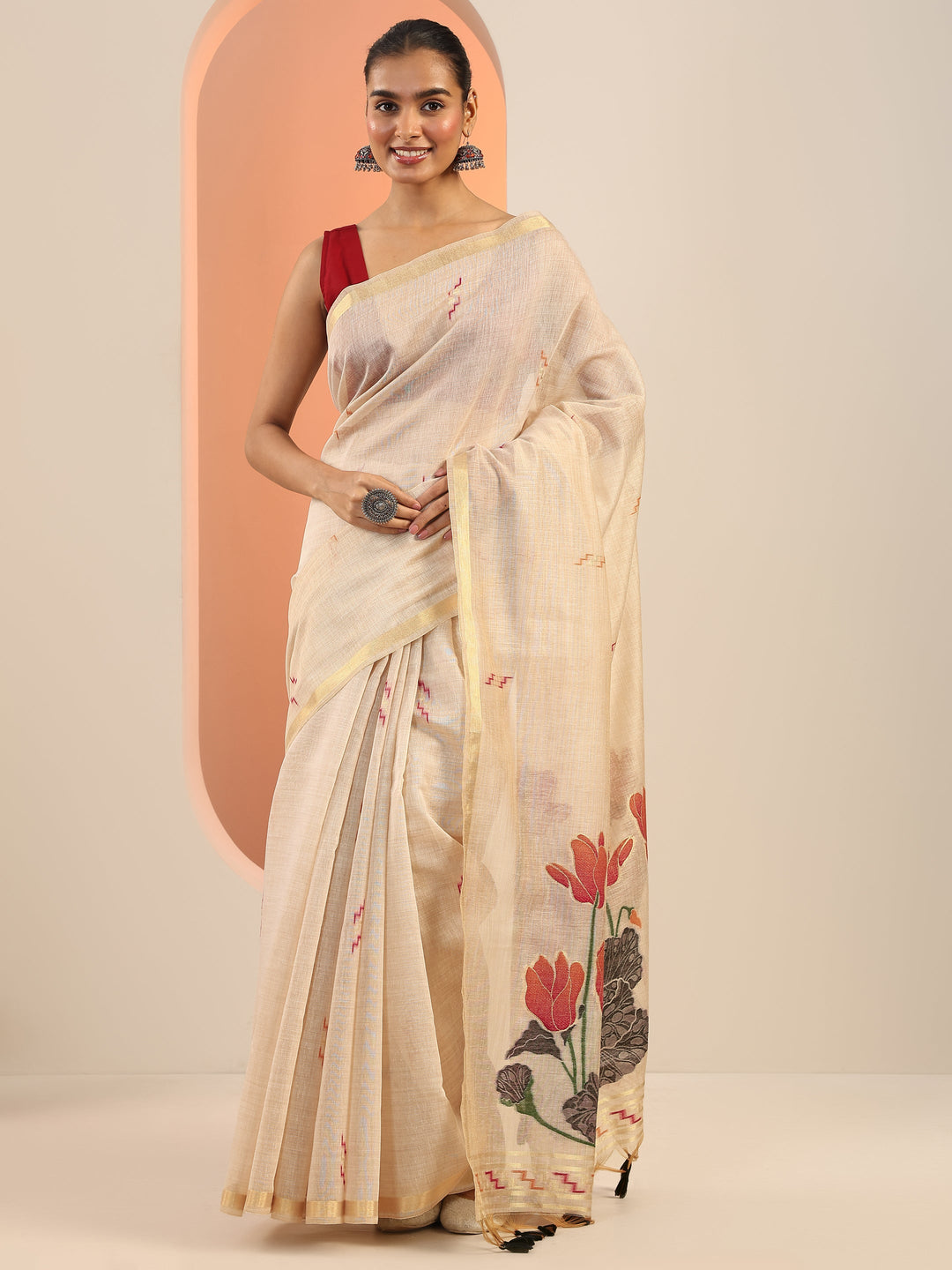  Beige Woven Design Silk Saree With Unstitched Blouse Piece 