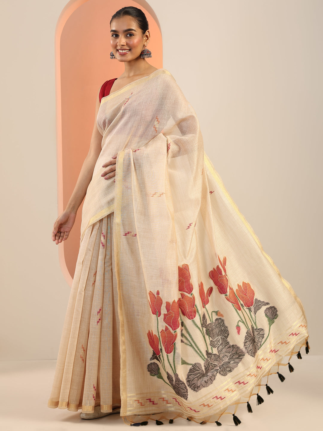  Beige Woven Design Silk Saree With Unstitched Blouse Piece 