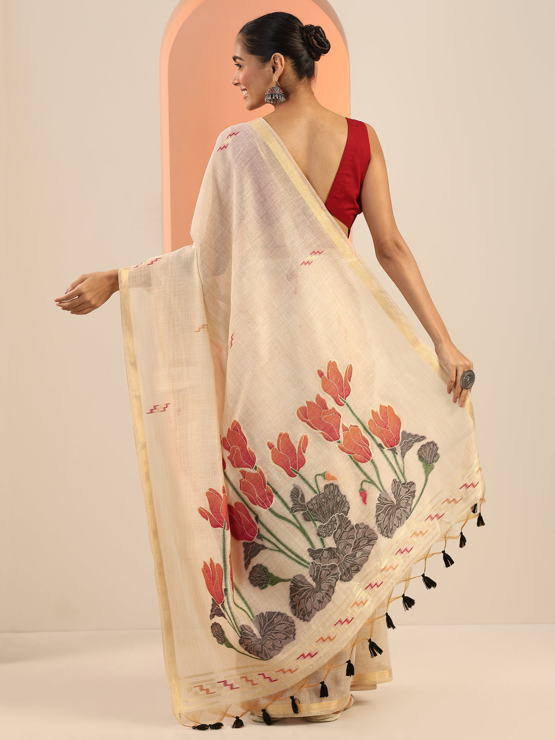  Beige Woven Design Silk Saree With Unstitched Blouse Piece 