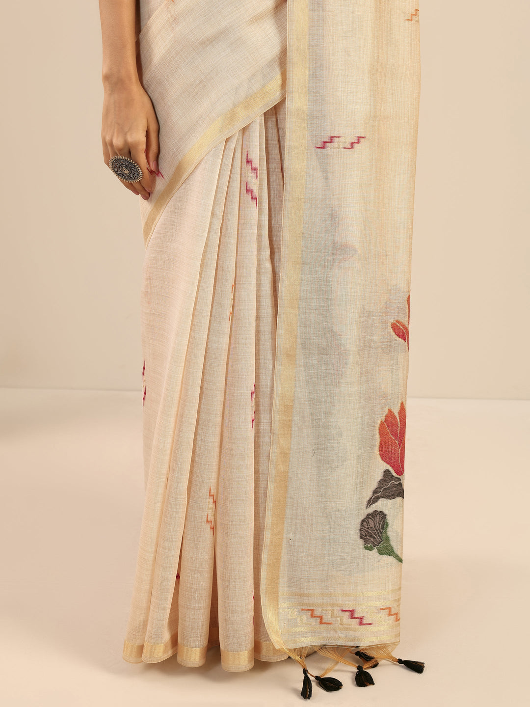  Beige Woven Design Silk Saree With Unstitched Blouse Piece 