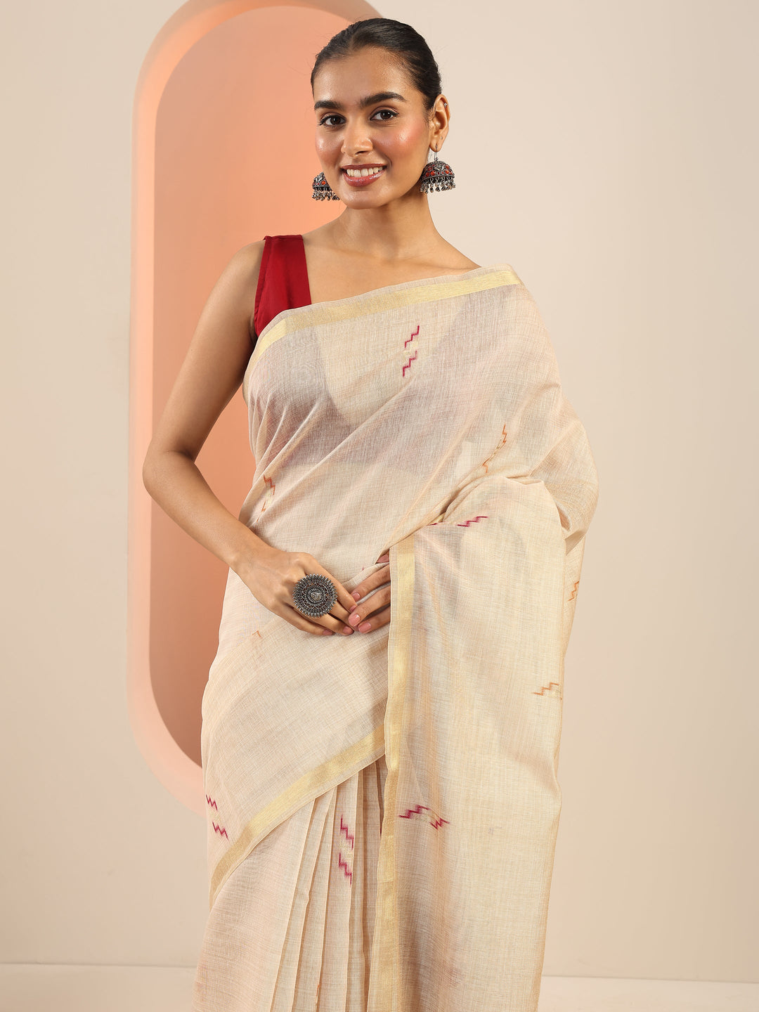  Beige Woven Design Silk Saree With Unstitched Blouse Piece 