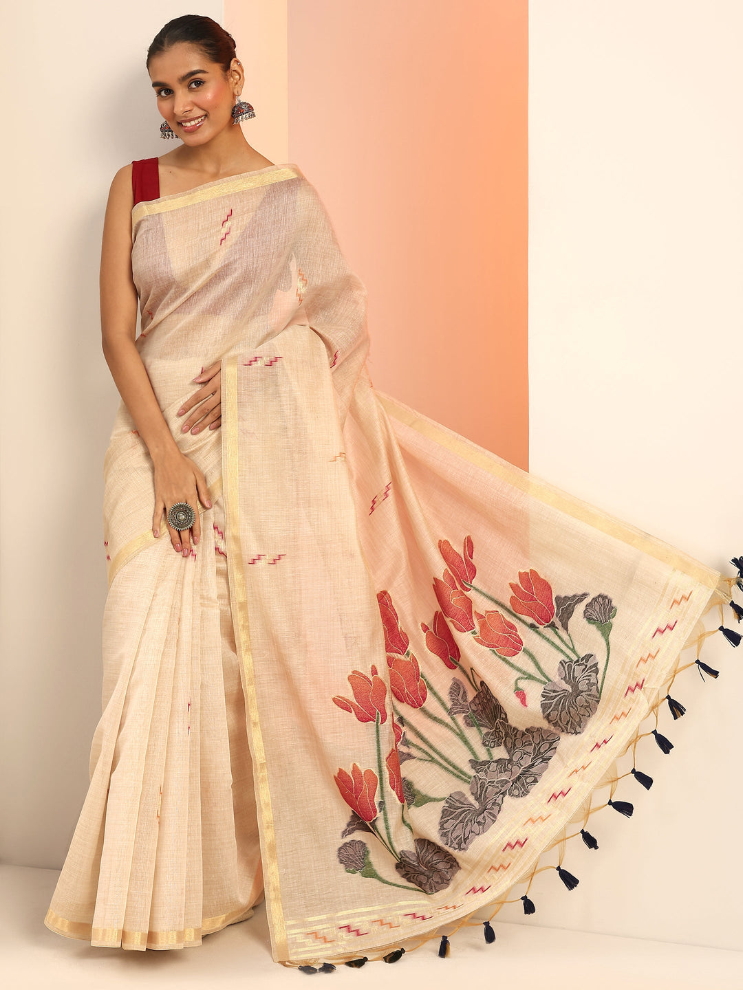  Beige Woven Design Silk Saree With Unstitched Blouse Piece 