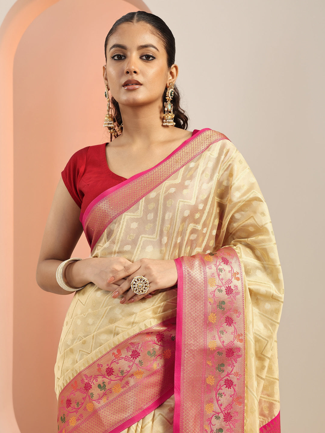  Beige Woven Silk Blend Saree With Unstitched Blouse Piece 