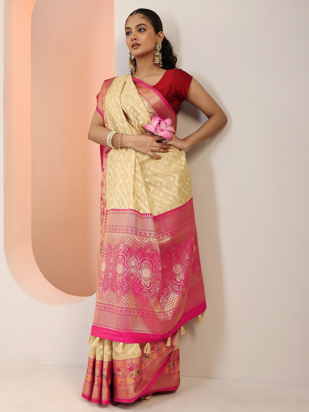  Beige Woven Silk Blend Saree With Unstitched Blouse Piece 