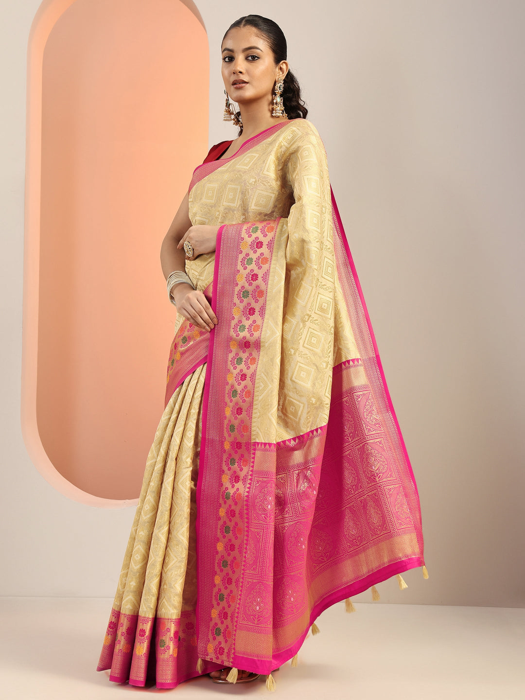  Beige Woven Silk Blend Saree With Unstitched Blouse Piece 