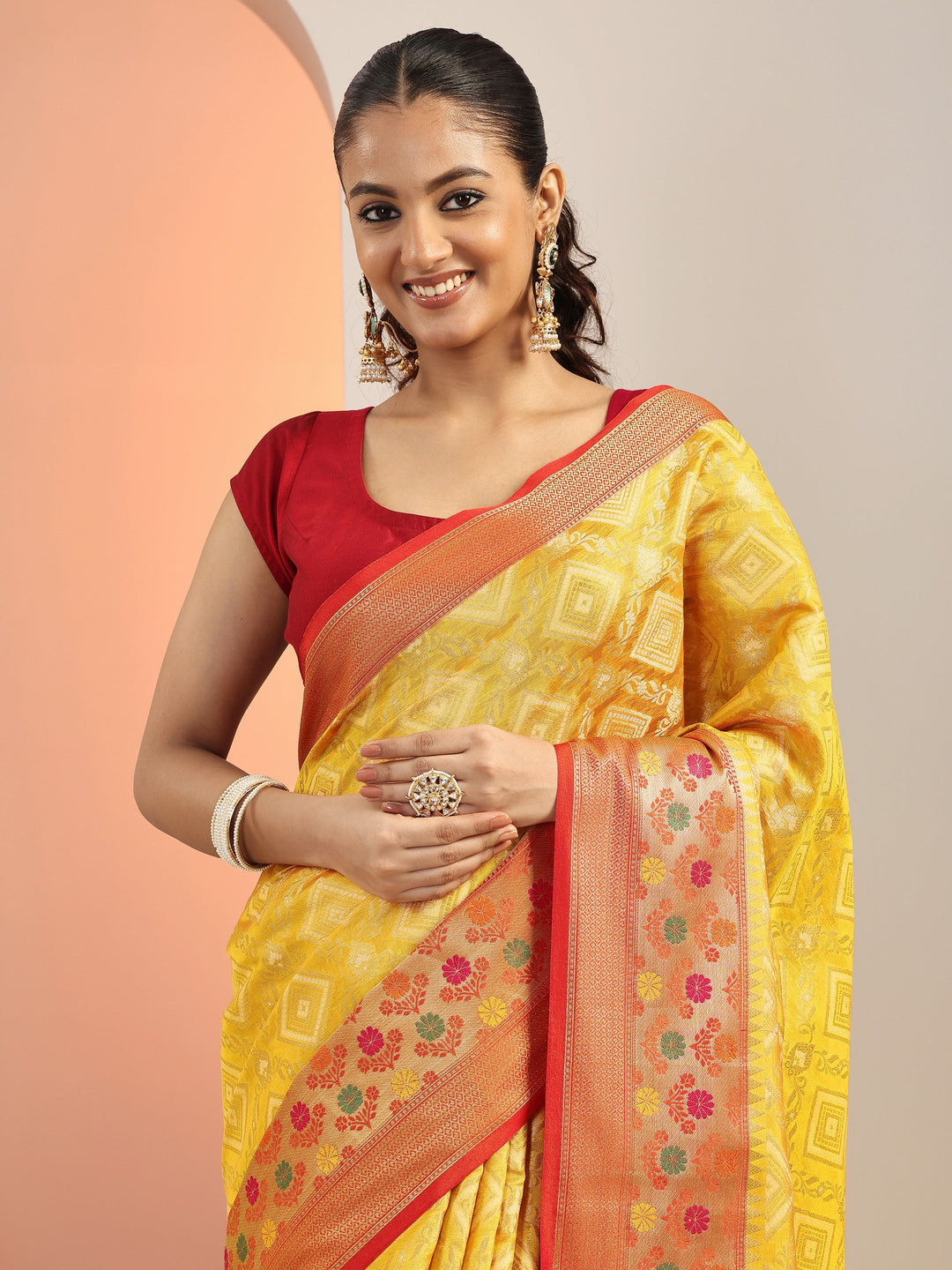  Yellow Woven Silk Blend Saree With Unstitched Blouse Piece 