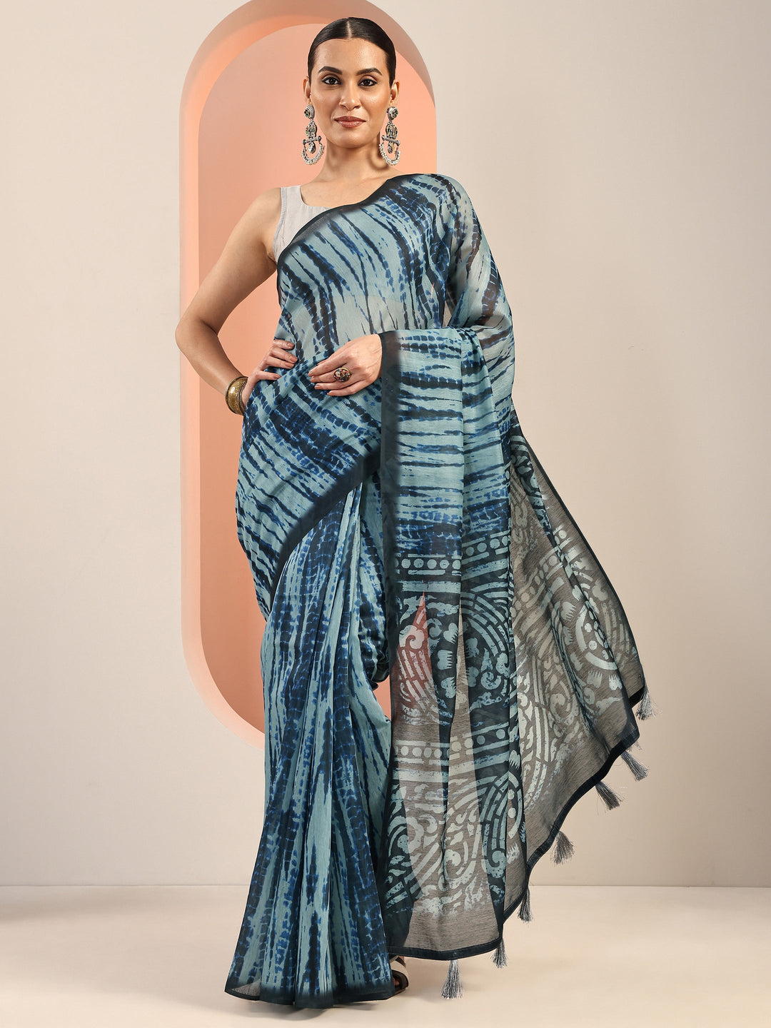  Blue Printed Silk Blend Saree With Unstitched Blouse Piece 