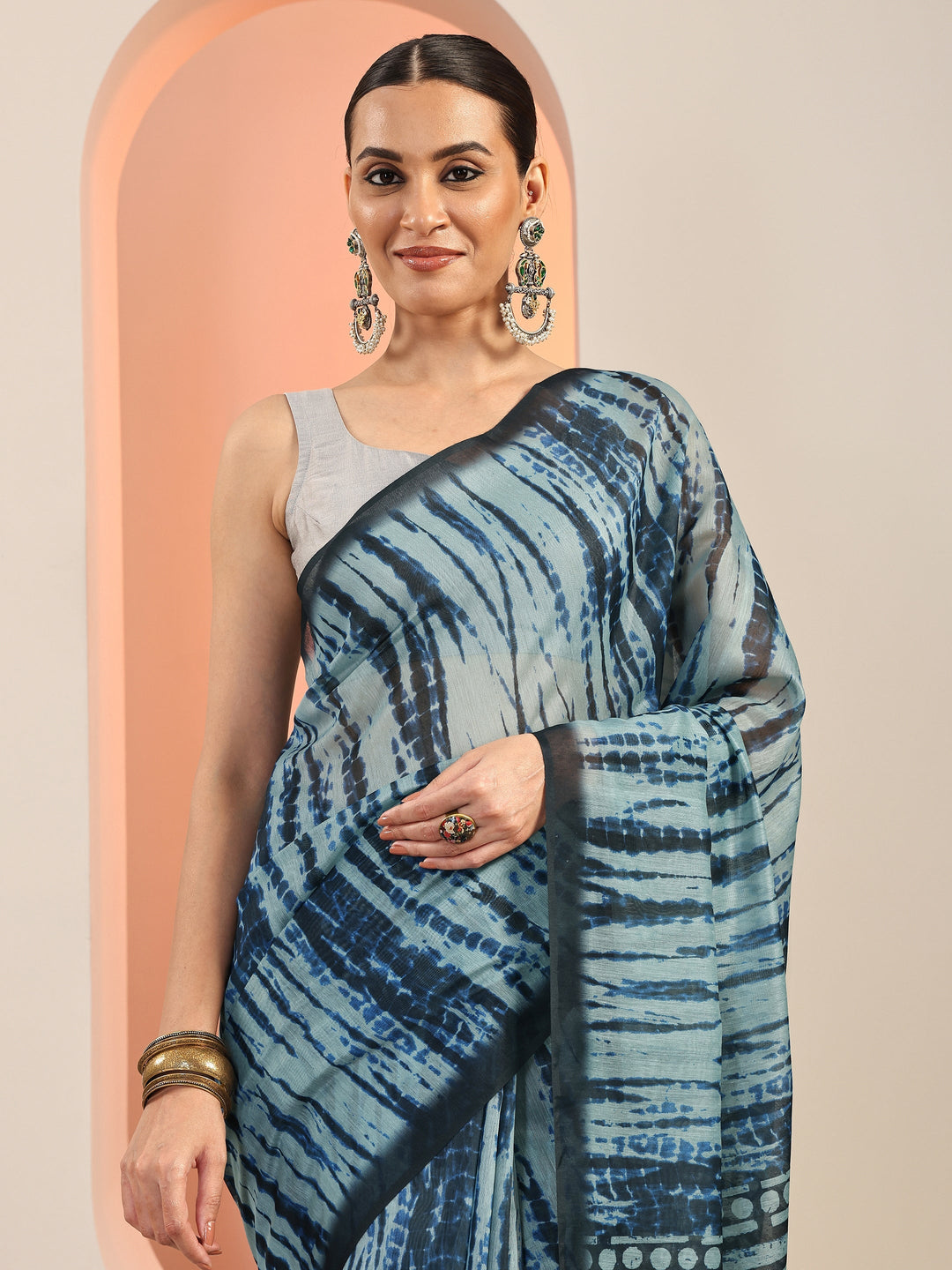 Blue Printed Silk Blend Saree With Unstitched Blouse Piece 