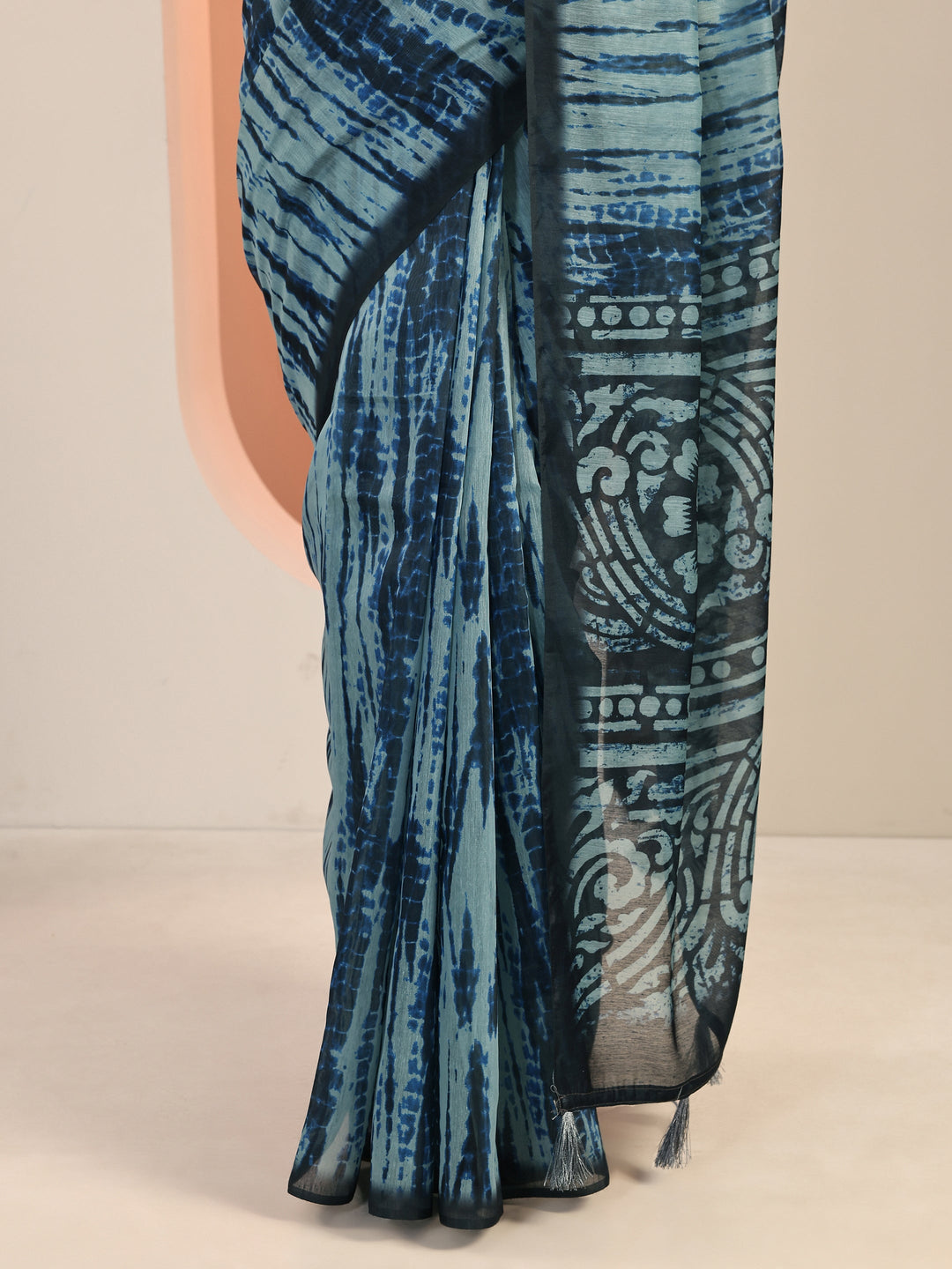  Blue Printed Silk Blend Saree With Unstitched Blouse Piece 