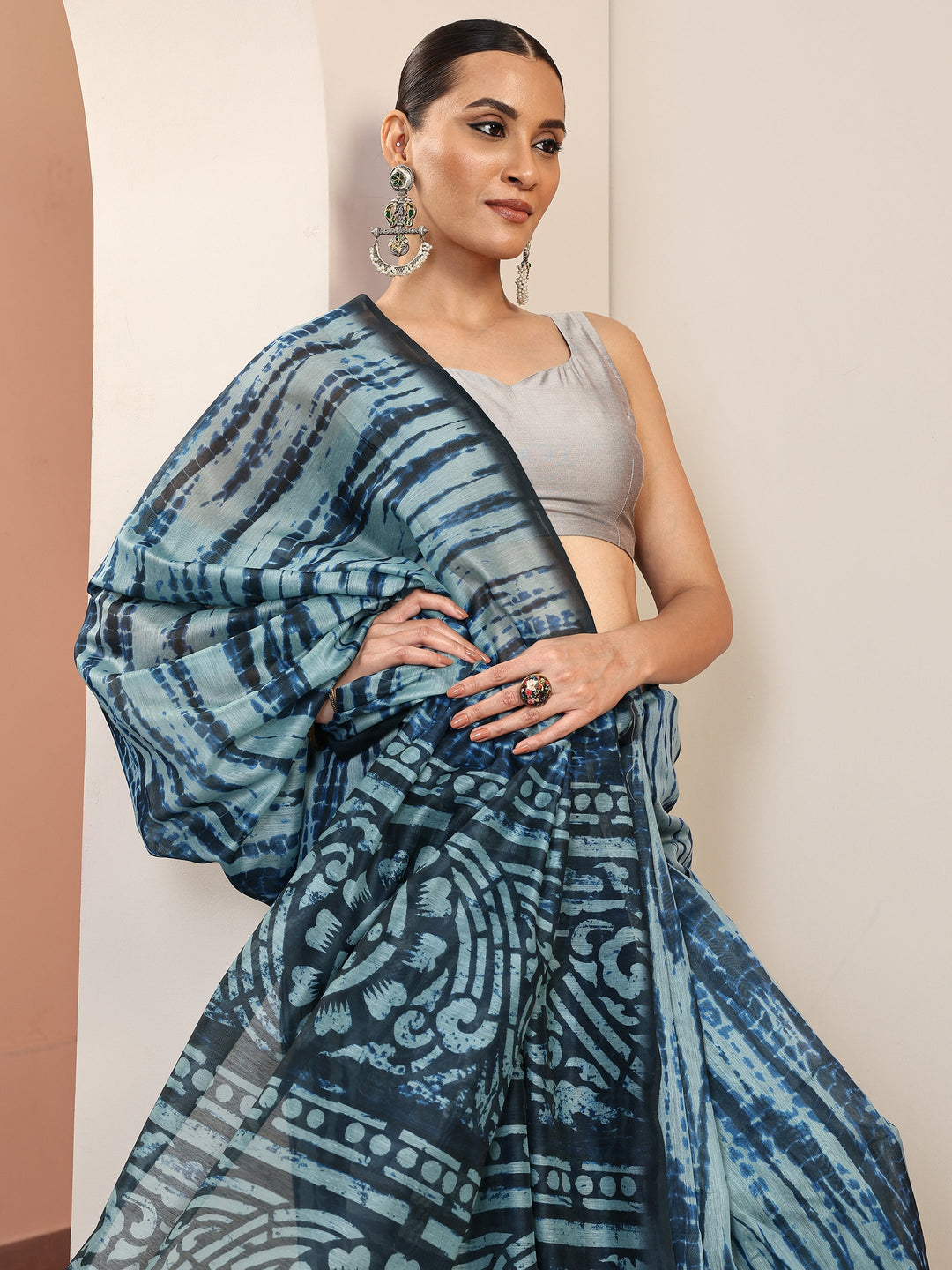  Blue Printed Silk Blend Saree With Unstitched Blouse Piece 