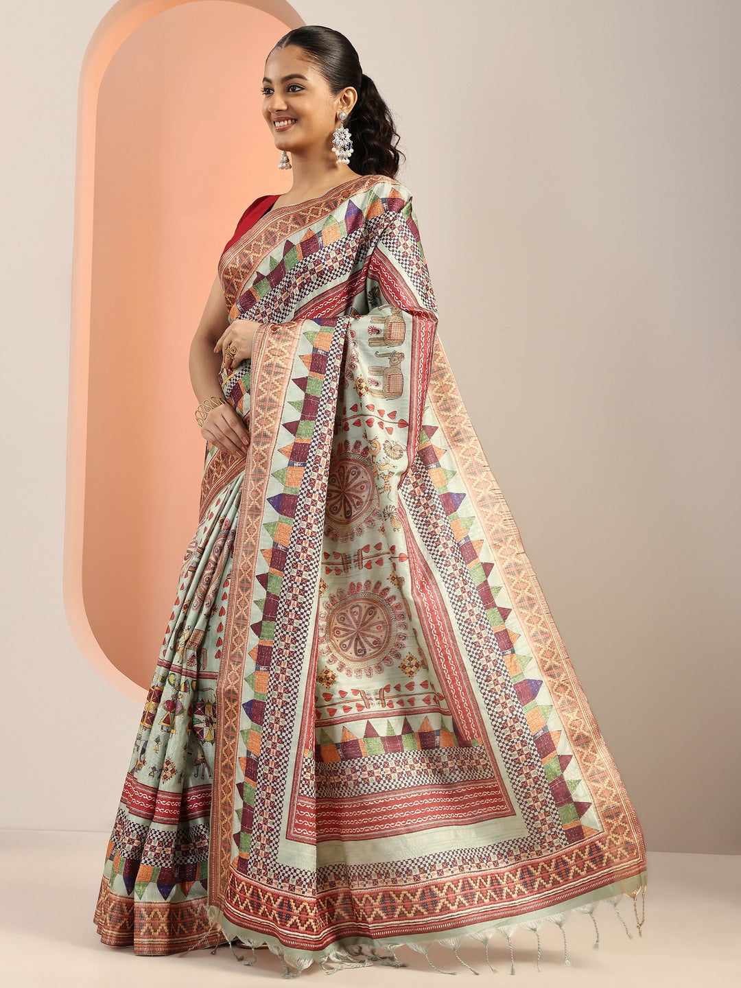  Green Printed Silk Blend Saree With Unstitched Blouse Piece 