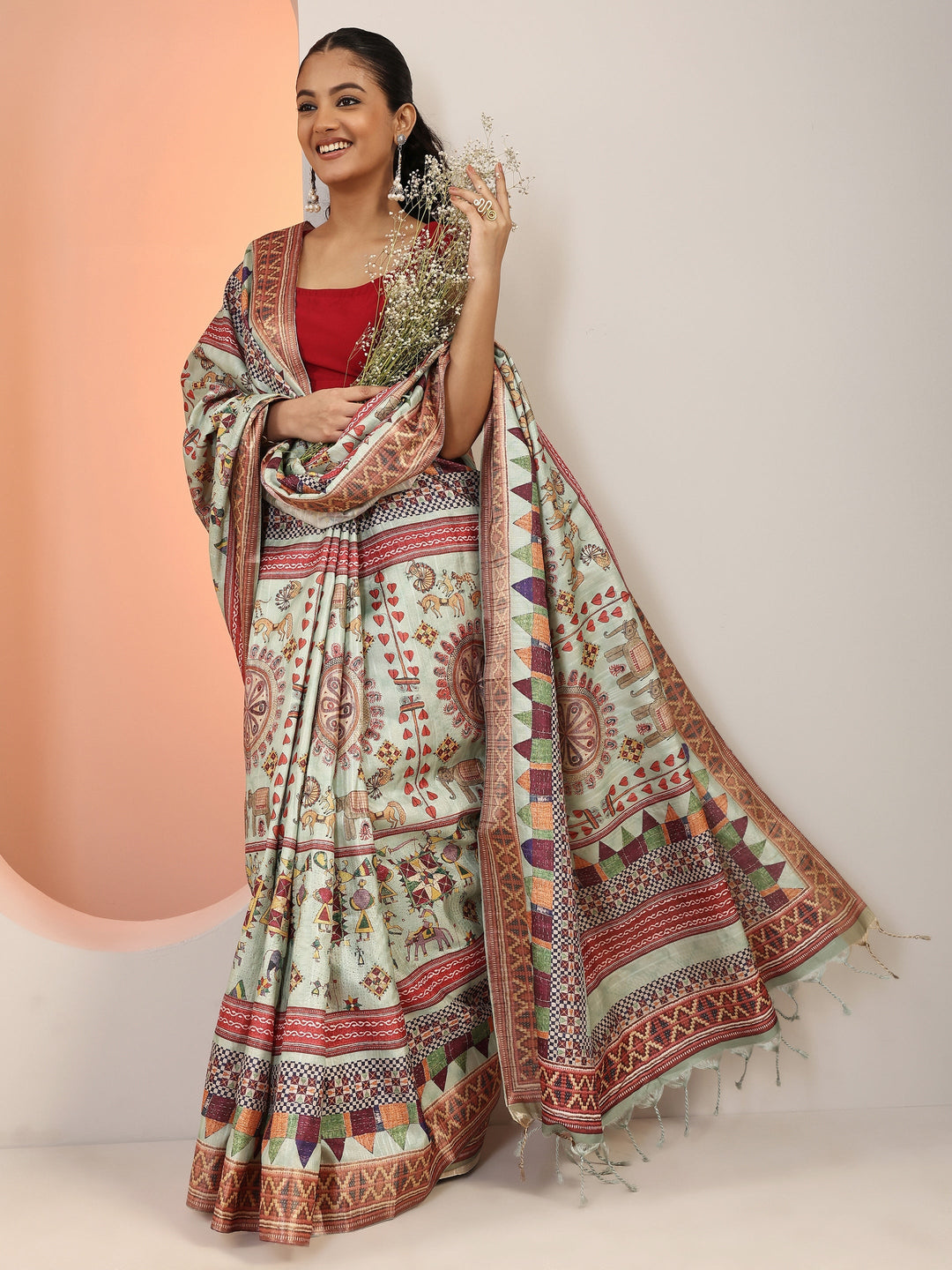  Green Printed Silk Blend Saree With Unstitched Blouse Piece 
