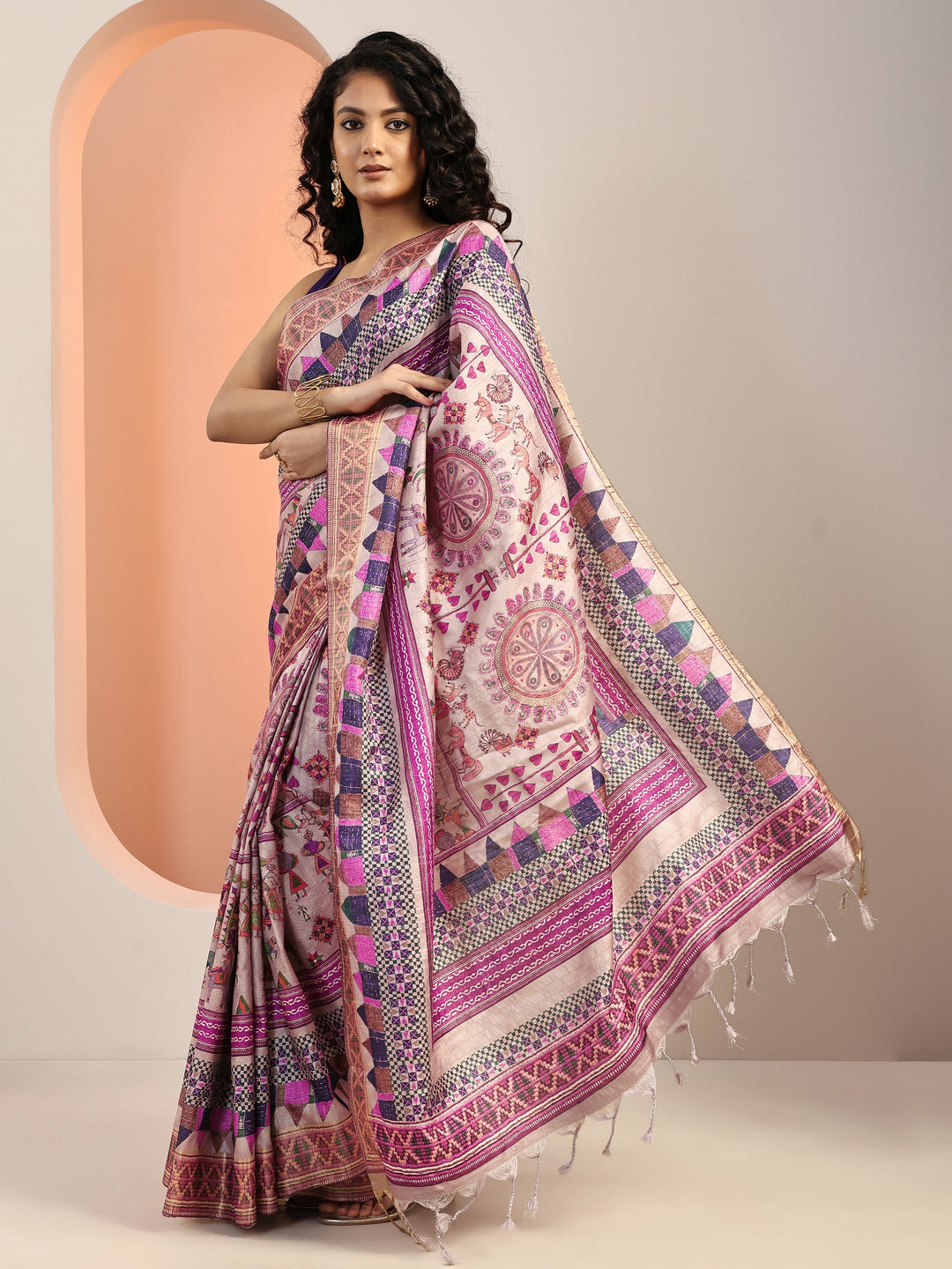  Lavender Printed Silk Blend Saree With Unstitched Blouse Piece 
