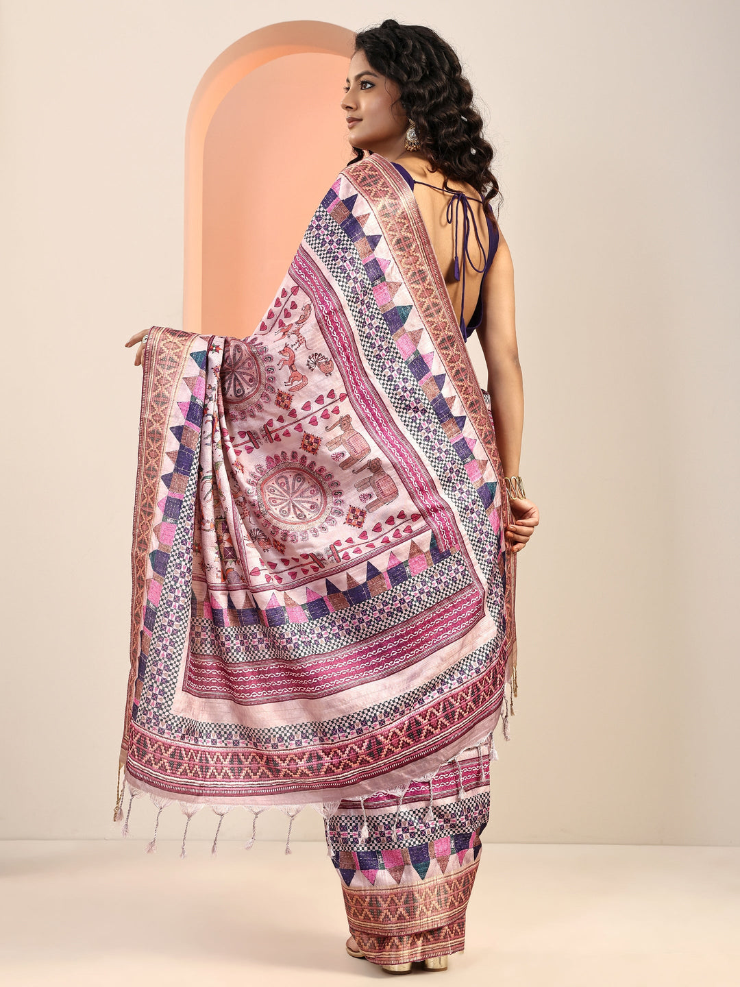  Lavender Printed Silk Blend Saree With Unstitched Blouse Piece 