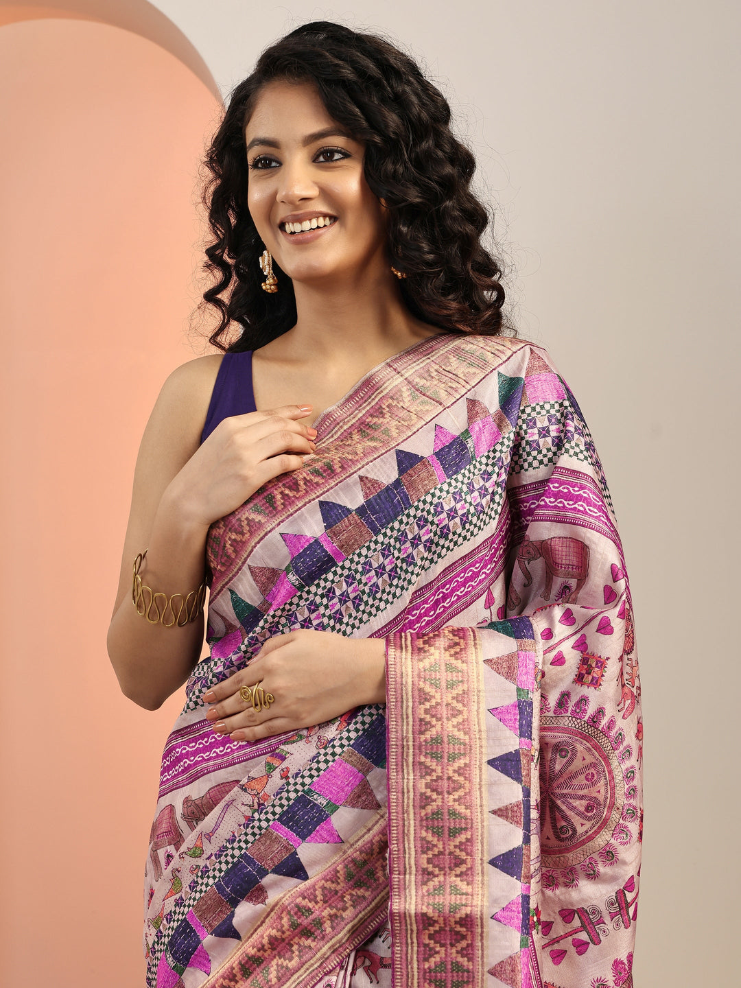 Lavender Printed Silk Blend Saree With Unstitched Blouse Piece 
