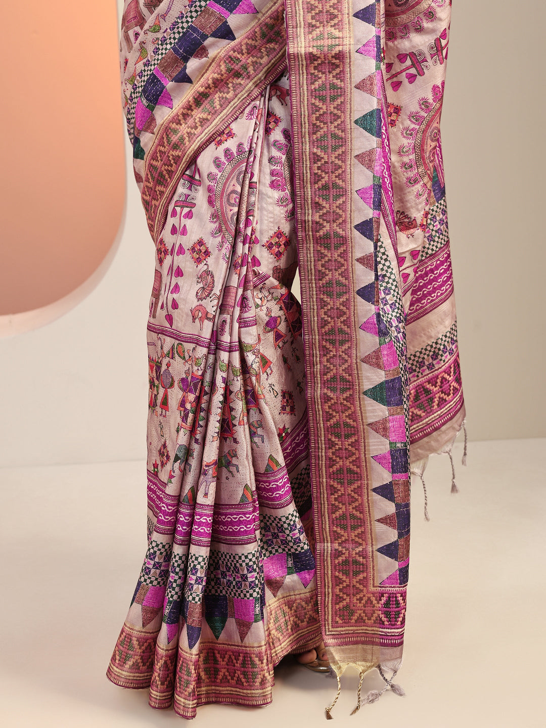  Lavender Printed Silk Blend Saree With Unstitched Blouse Piece 