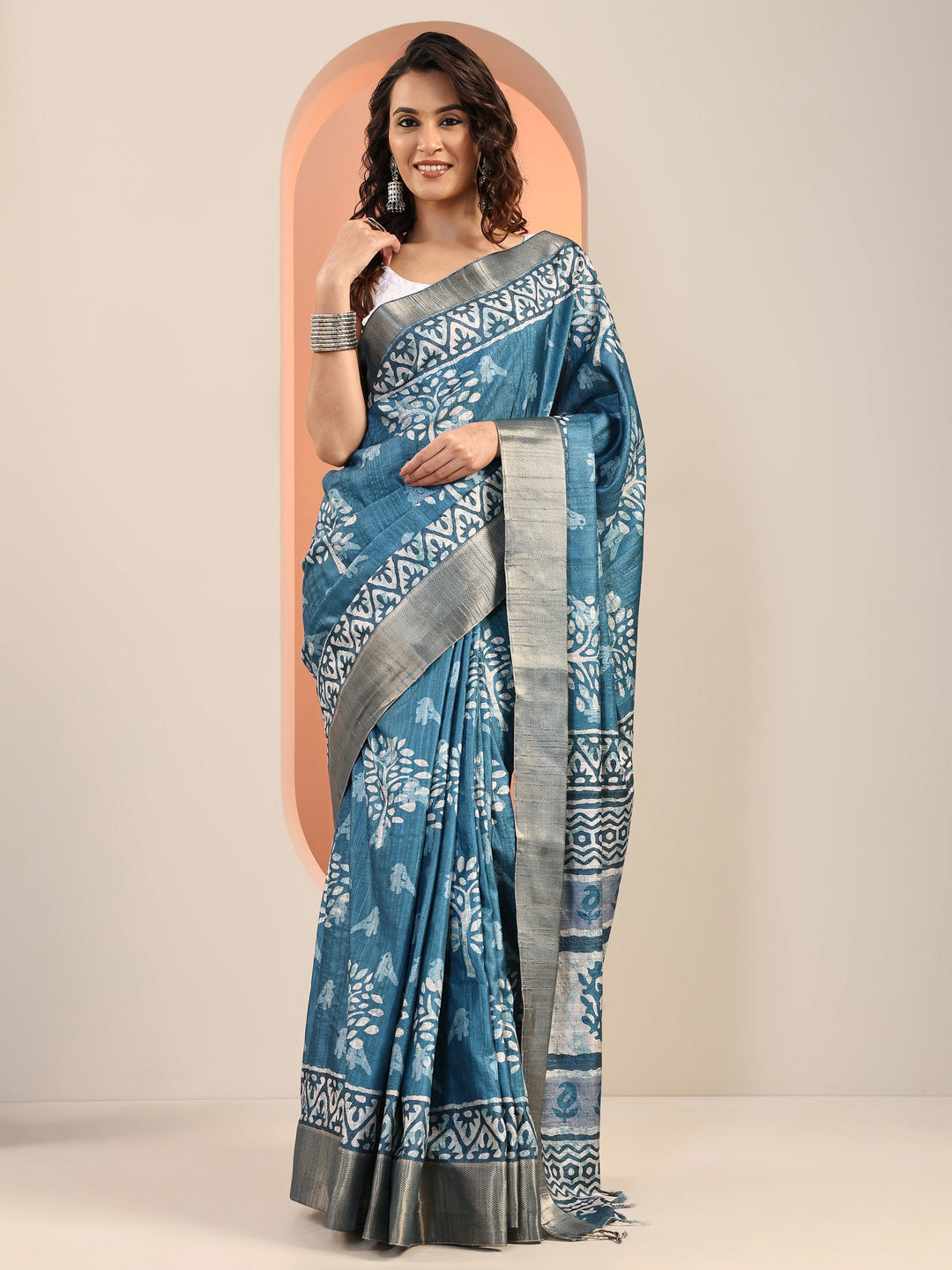  Blue Printed Silk Blend Saree With Unstitched Blouse Piece 
