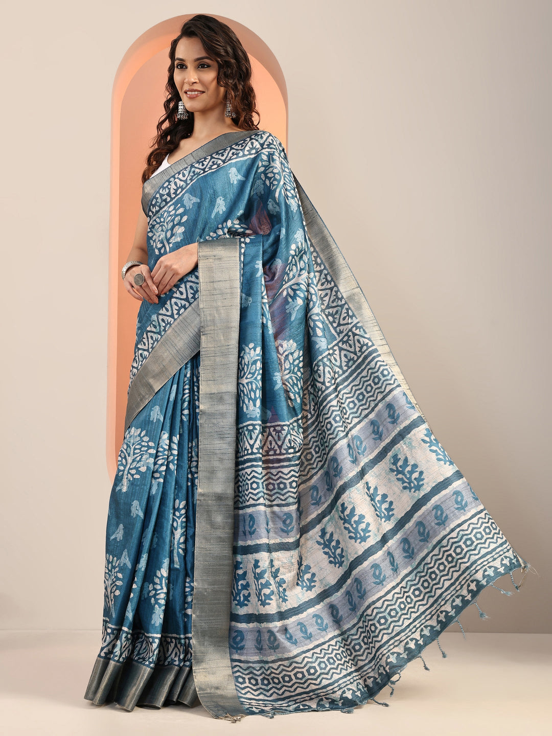  Blue Printed Silk Blend Saree With Unstitched Blouse Piece 