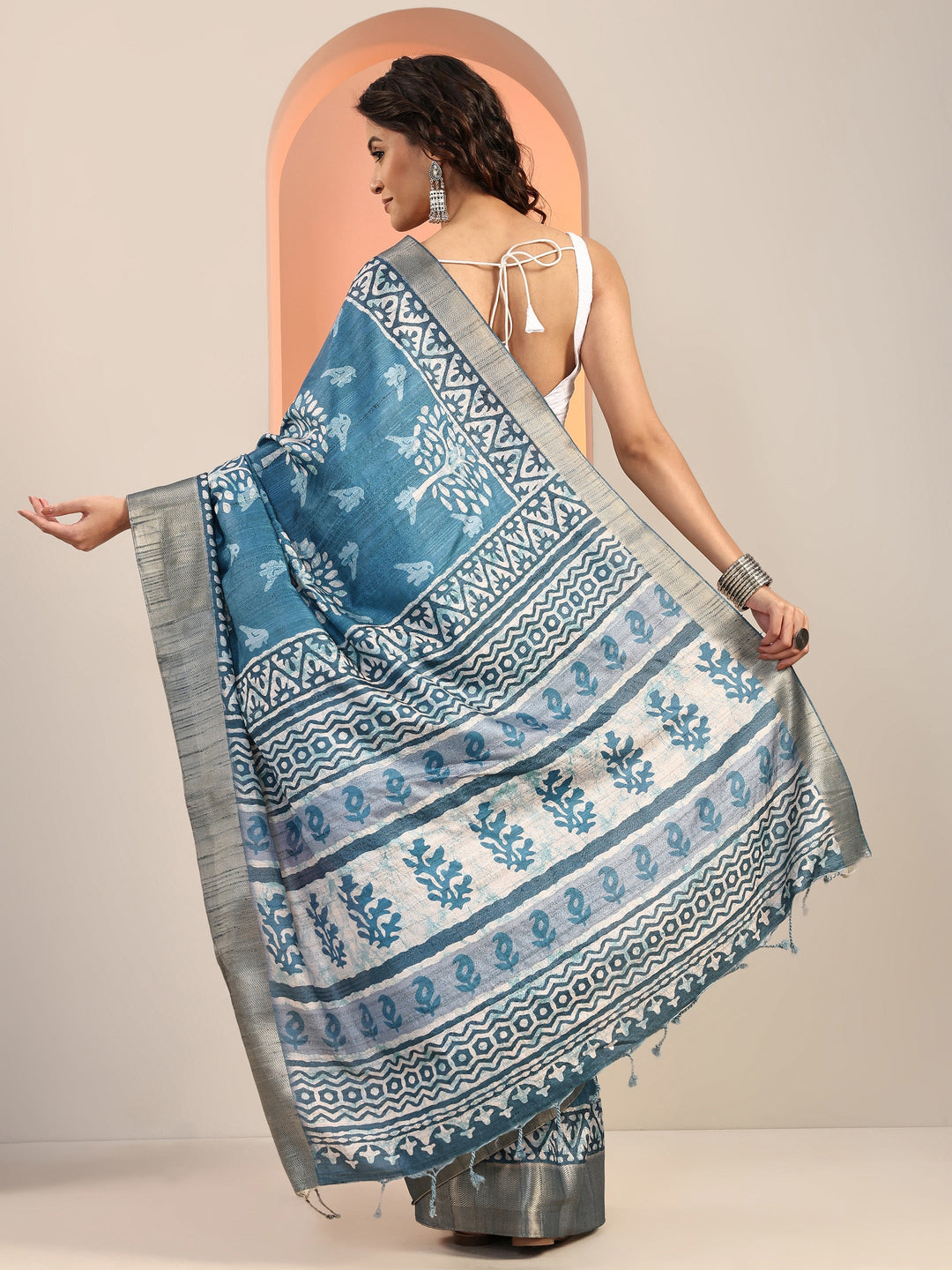  Blue Printed Silk Blend Saree With Unstitched Blouse Piece 