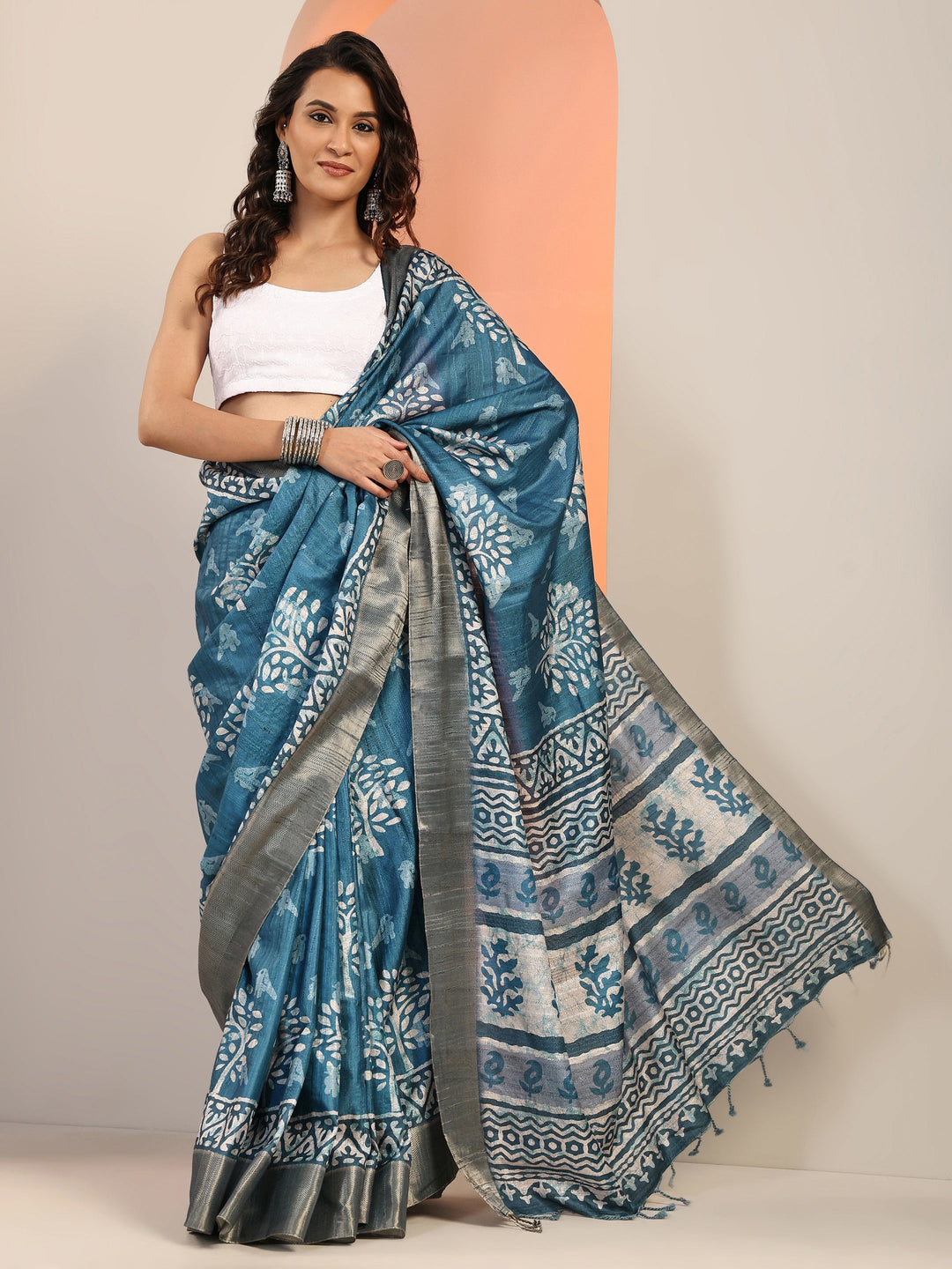  Blue Printed Silk Blend Saree With Unstitched Blouse Piece 