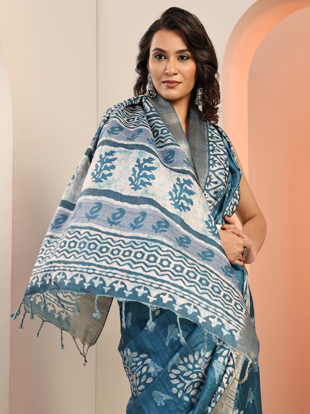  Blue Printed Silk Blend Saree With Unstitched Blouse Piece 