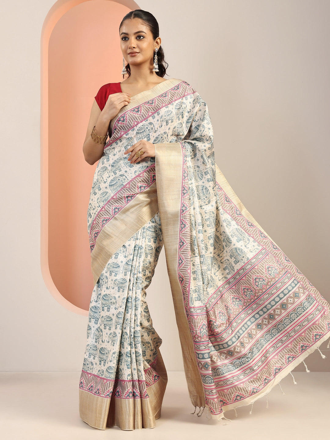  Off White Printed Silk Blend Saree With Unstitched Blouse Piece 