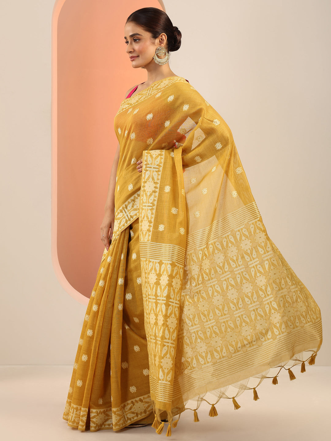  Mustard Woven Design Cotton Saree With Unstitched Blouse Piece 