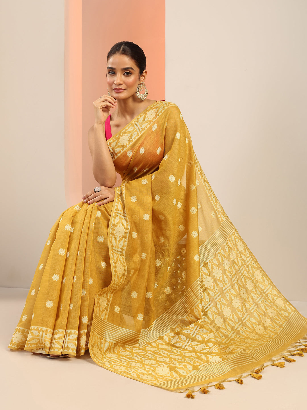  Mustard Woven Design Cotton Saree With Unstitched Blouse Piece 