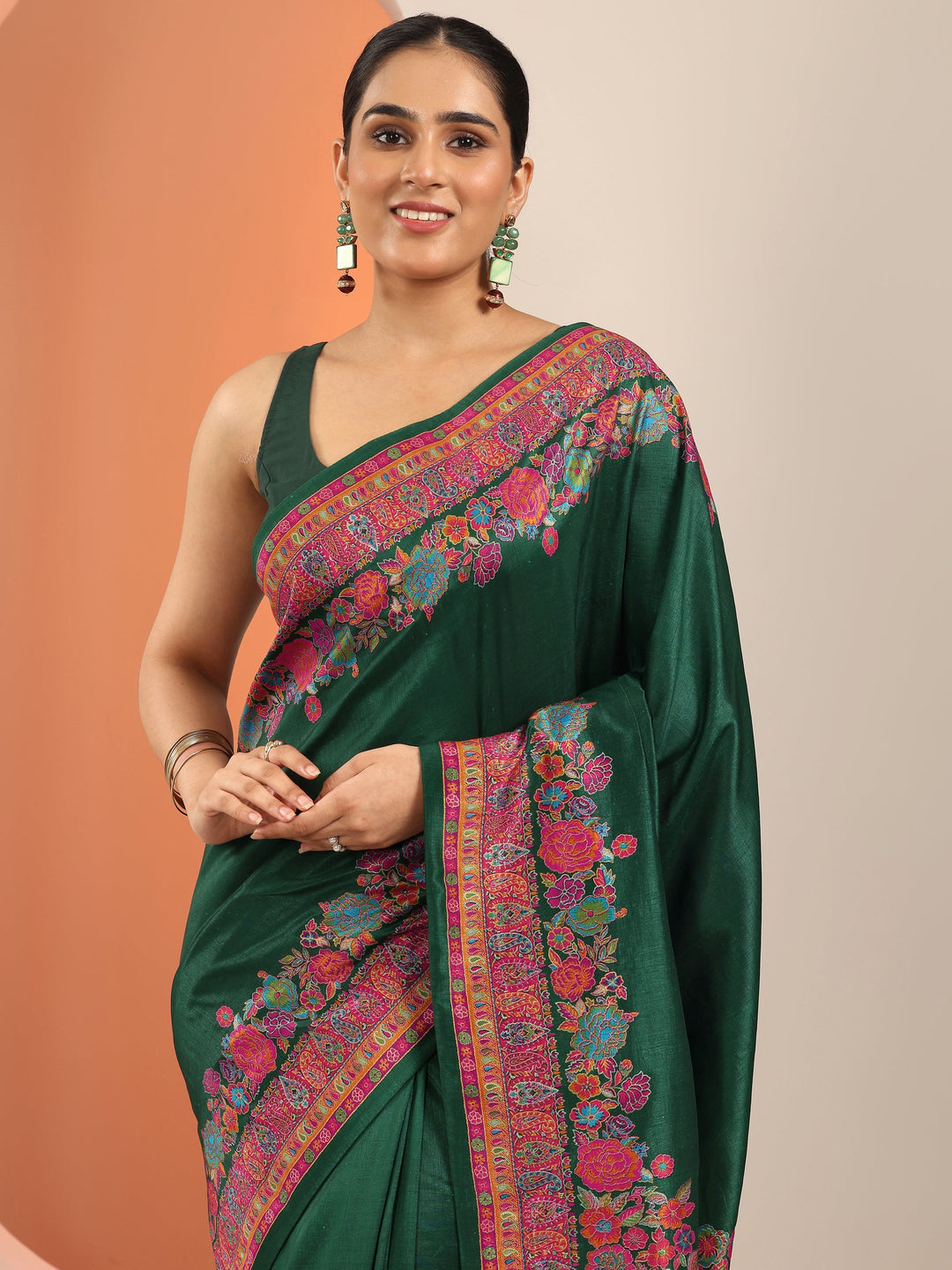  Green Printed Silk Blend Saree With Unstitched Blouse Piece 