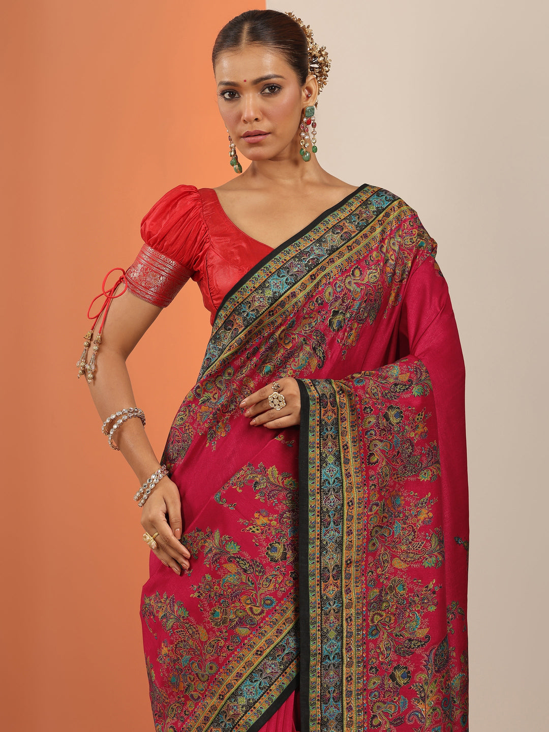  Red Printed Silk Blend Saree With Unstitched Blouse Piece 