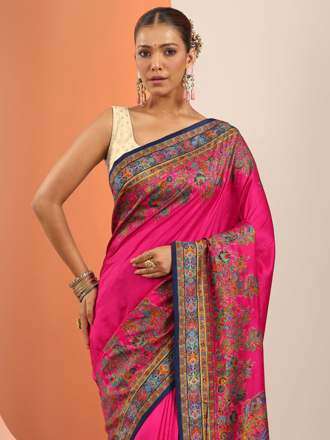  Pink Printed Silk Blend Saree With Unstitched Blouse Piece 